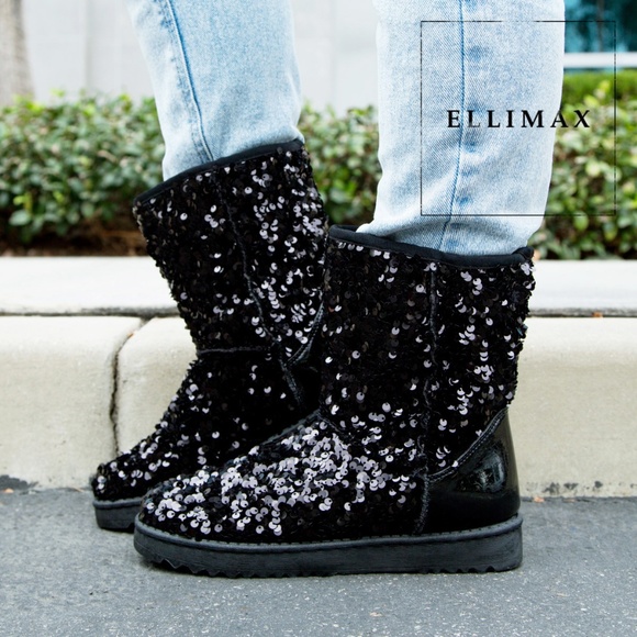 Shoes - NEW🔥 Black Classic Sequin Short Flat Ankle Boots Booties Faux Fur Lined Pull-On